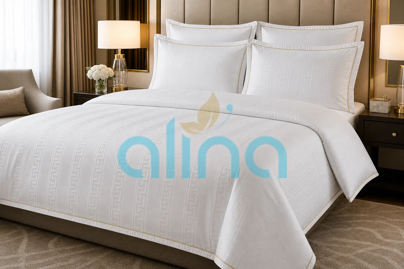 Greek key jacquard bed linen on luxury hotel bed
