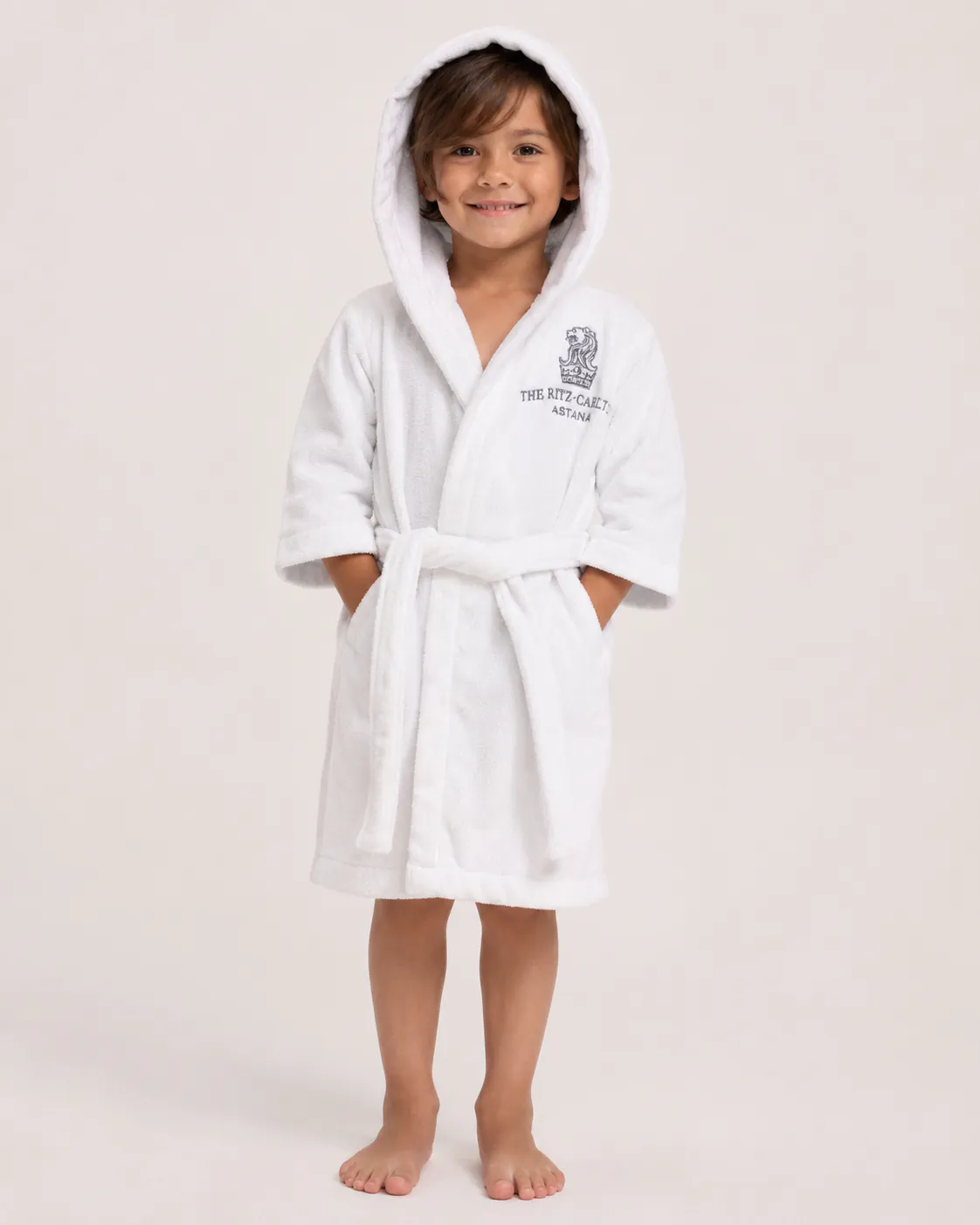 Embroidered white kids hotel bathrobe